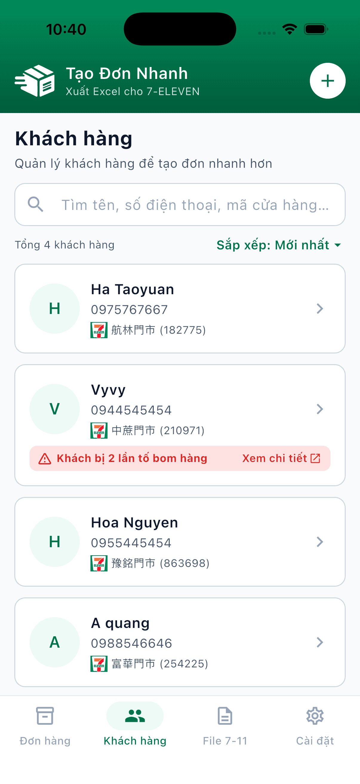 Danh sách khách hàng đã lưu để tạo đơn lần sau